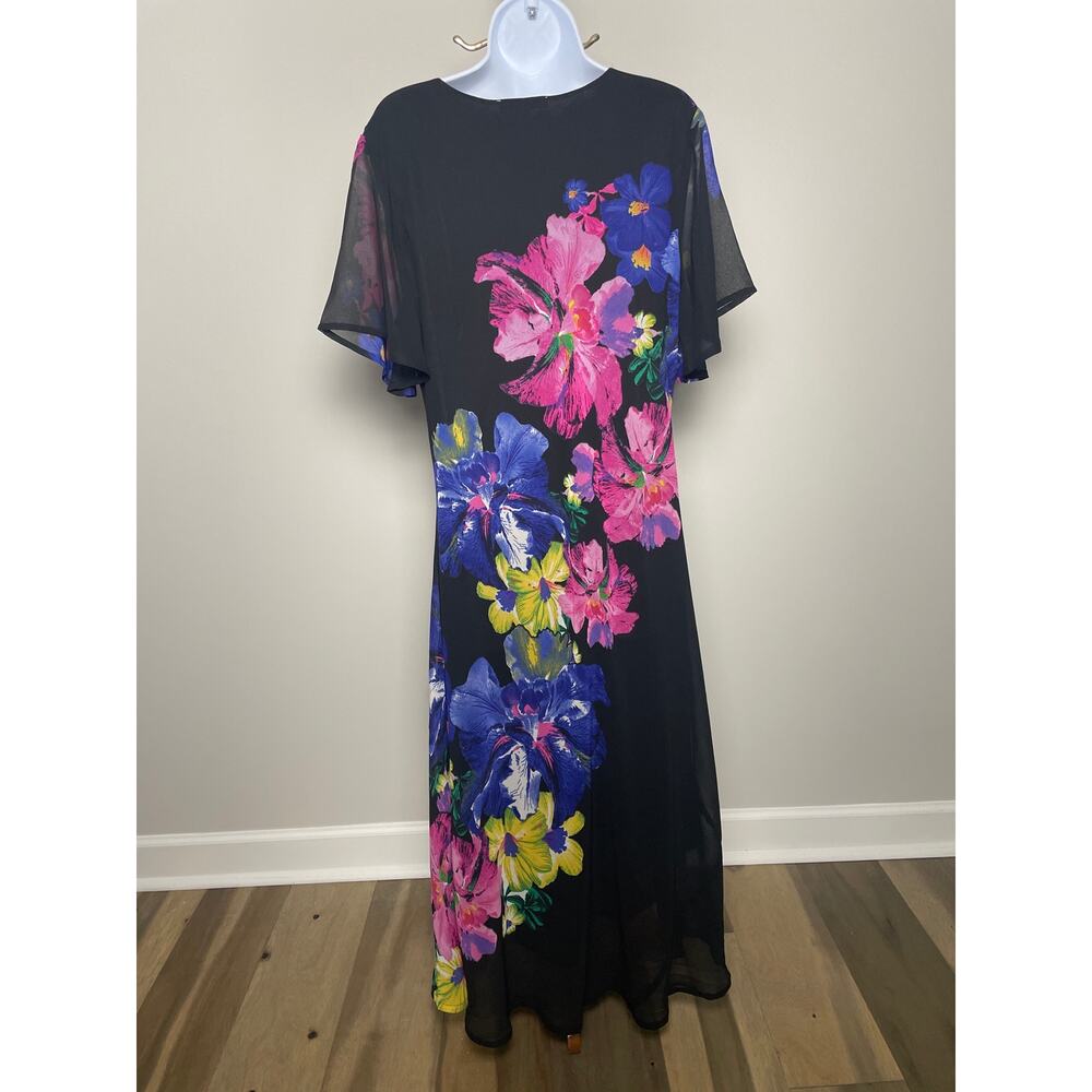 Serengeti Size L Maxi Dress Black Multicolor Floral Chiffon Lined Short Sleeves - Picture 3 of 7
